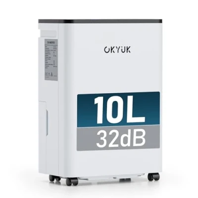 Afbeelding van OKYUK Déshumidificateur électrique 10L Avec affichage numérique de l&#039;humidité pour la maison 30 m² arrêt automatique Idéal camping car, salle bain, cave (10L Blanc)