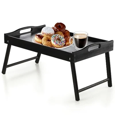 Afbeelding van KADAX Bedtafel, ontbijtdienblad van grenenhout, 19 x 30 50 cm, serveerblad, opklapbaar bedblad, op bed, bijzettafel (zwart)