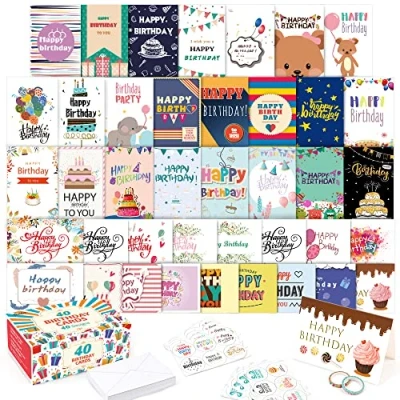 Afbeelding van Feela verjaardagskaarten, set van 40 x blanco enveloppen, 48 stickers, 2 washi tape, 10 15 cm, voor vrouwen, mannen, vrienden en kinderen