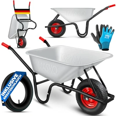 Afbeelding van MASKO® bouwkruiwagen, tuinkruiwagen 100 liter tot 250kg, met opblaasbare banden gegalvaniseerde stalen velg, frame, tuinkruiwagen, transportkruiwagen, inclusief werkhandschoenen