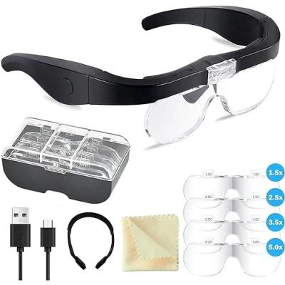 Afbeelding van Vergrootglazen met licht, led hoofdband vergrootglas, USB oplaadbaar, afneembare hoofdband, hoofdtelefoonlamp, hoofdvergrootglas, hoofdvergrootglas 2 ledlampen, 4 lenzen 1,5 x 2,5 3,5 5
