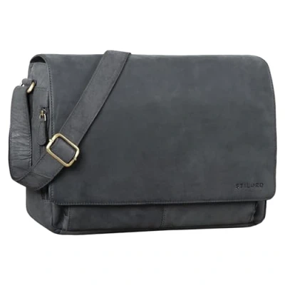 Afbeelding van STILORD &#039;Tom&#039; Vintage Schoudertas Leer Elegante Uniseks 15 Inch Laptoptas Handdoek, Antraciet, Schooltas