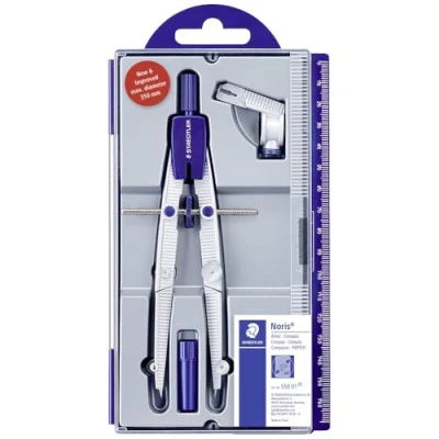 Image de Staedtler Noris 550, Compas scolaire de précision à réglage rapide et micrométrique, Idéal pour l&#039;école le collège, Coffret avec adaptateur universel, 550 01