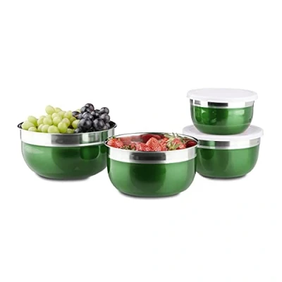 Afbeelding van Relaxdays Schalenset 4 delig gekleurde kommen slakommen keukenhulp met deksel groen