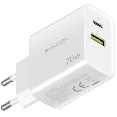 Afbeelding van deleyCON USB A en C oplader (2 poorten 20W snellader) voeding voor iPhone 15/14/13/12/11, iPad Galaxy S24/S23 Pixel, mobiele telefoon PD 3.0, wit