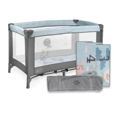 Afbeelding van MS Innovations Reisbed 120 x 60 cm voor baby&#039;s, met matras en draagtas, van 0 maanden tot 15 kg, opvouwbaar eenvoudig te monteren, licht stabiel, blauw/grijs.