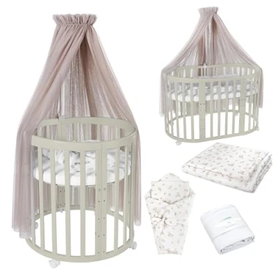 Afbeelding van Waldin OWAL Baby bed 7 in 1, met matras, aankleedkast, ovaal babybed matras en wielen, olijfhout, stof, takken, taupe