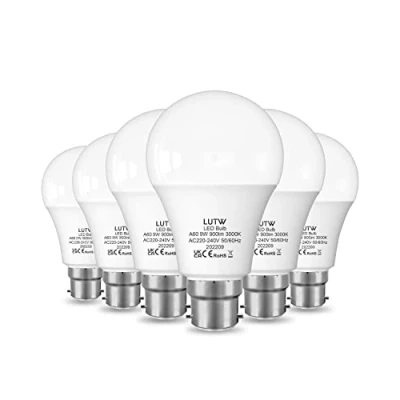 Afbeelding van LUTW Ledlamp, A60, 9 W, komt overeen met 60 B22 led lamp, warm wit, 3000 K, bajonetlamp, 900 lm, niet dimbaar, voor huisverlichting, 6 stuks