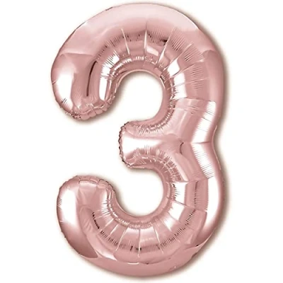 Afbeelding van ballon 3e verjaardag nummer 3 roségoud XXL reuzenfolieballon 100 cm decoratie meisjes, voor verjaardag. Vliegt met helium.