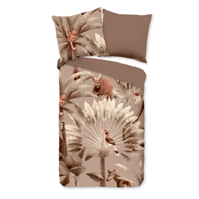 Afbeelding van Eenpersoons Dekbedovertrek 135x200 cm Jungle Dieren en Bladeren Print Taupe 100% Katoen