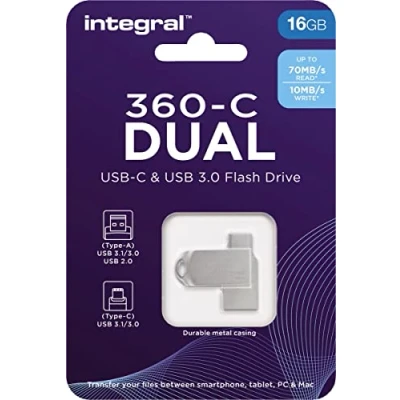 Afbeelding van Integral 360 c Dual Usb &amp; 3.0 Stick, 16 Gb stick