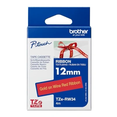 Afbeelding van Labeltape textiel ongelamineerd Brother TZe, TZ TZe RW34 Tapekleur: Wijnrood Tekstkleur:Goud 12 mm 4 m