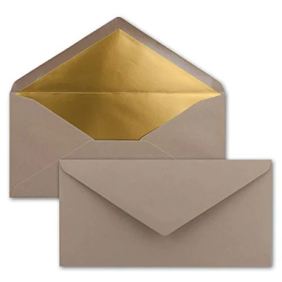 Afbeelding van 50 enveloppen DIN lang cappuccino met goud metallic binnenvoering 110 x 220 mm nat lijmen feestelijke voor uitnodigingen
