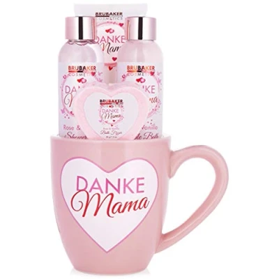 Afbeelding van BRUBAKER Cosmetics Danke Mama 5 delige Bad en Body Set Rozen vanillegeur Cadeautip Vrouw Cadeau Idee Cadeauset in Beker met Hartversiering Moederdag cadeautje