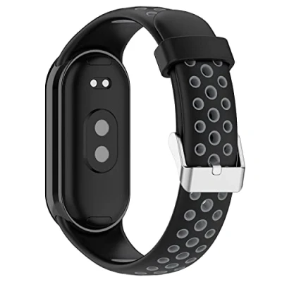 Afbeelding van INF Bandje compatibel met Xiaomi Mi Band 8, fitnessarmband, siliconen horlogeband, tweekleurig design, ademende reservearmband, grijs + zwart