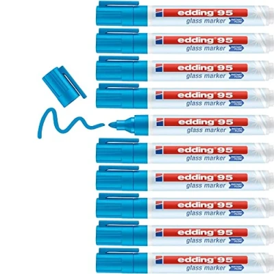 Afbeelding van Edding 95 glasmarkers lichtblauw 10 stiften ronde punt 1,5 3 mm afwisbare raammarkeerder markeren van glasoppervlakken (ruiten, whiteboard) droog afwasbaar