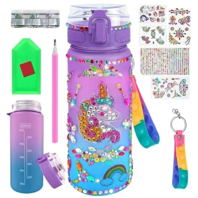Afbeelding van Gepersonaliseerde eenhoorn waterfles voor kinderen, complete creatieve set met accessoires, stickers, 60 cl BPA vrij, Diamond Painting, leuke activiteiten meisjes, verjaardagscadeau, Kerstmis,