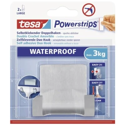 Afbeelding van Tesa Powerstrips dubbele haken, zelfklevend, waterbestendig, afneembaar, hoge bevestigingskracht voor objecten tot 3 kg, zelfklevende haken badkamer, metaal waterdicht
