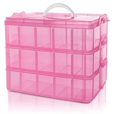 Afbeelding van Belle Vous 3 Laags Stapelbare Roze Plastic Opslag Doos Aanpasbare Compartiment Sleuven Maximaal 30 Compartimenten Container Voor het Opslaan van Speelgoed, Juwelen, Hobby en Kunst