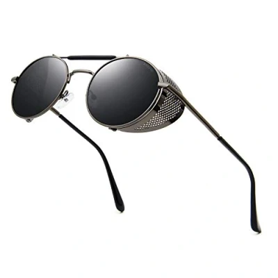 Afbeelding van RONSOU Steampunk Style Ronde Vintage Polarisées Lunettes de Soleil Rétro UV400 Protection Métal Cadre, B2 Cadre Grise/Lentille Grise(non polarisé), Taille unique
