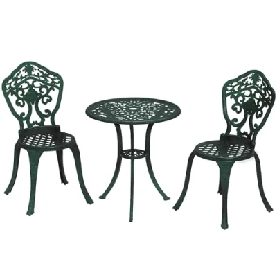 Afbeelding van Outsunny Bistroset voor tuin van aluminium, tuinmeubelen, 3 delig, 2 stoelen + 1 ronde tafel, imitatie smeedijzer, groen
