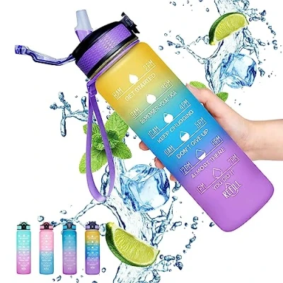 Afbeelding van Gaiayhc Sportwaterfles, 1 liter, met tijdmarkering, rietje, lekvrij, sportwaterfles voor sport, wandelen, fitnessstudio, fitness, outdoor, fietsen, school en kantoor