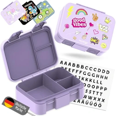 Afbeelding van BEARFOOT Bento Box COMPACT lunchbox voor kinderen, BPA vrij, school en kleuterschool, lekvrije meisjes jongens, praktisch, licht compact, zelfklevend, paars