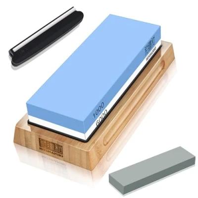 Afbeelding van HOSHANHO Slijpsteen [uitgebreide maat], korrel 1000/6000, professionele slijpsteen, 2 in 1, dubbelzijdig, met kalibratiesteen en hoekgeleiding, blauw/wit