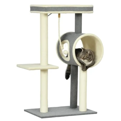 Afbeelding van PawHut arbre à chat 104 cm avec niche, griffoir balle de jeu, 2 surfaces couchage, d&#039;escalade pour chats jusqu&#039;à 5 kg, meuble chat, sisal, gris