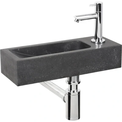 Afbeelding van Differnz Luxor Fonteinset Wasbak Natuursteen Zwart Gebogen Kraan Chroom Standaard Greep 38 x 14 8 cm