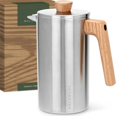 Afbeelding van WALDWERK French Press Koffiemaker (1L) cafetieres gemaakt van dubbelwandig roestvrij staal met houten handvat eiken hout plastic