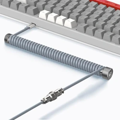 Afbeelding van MAMBASNAKE Câble de Clavier Spiralé Custom et Enrouleur D&#039;aviateur Métal Set à Tige Fixe + TPU Coiled USB C avec Connecteur D&#039;aviation pour Jeu Gris