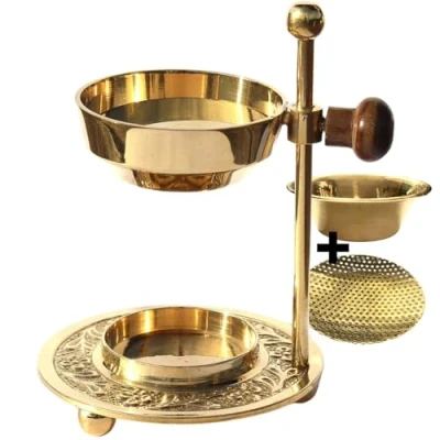 Afbeelding van myZirbe wierookbrander verstelbaar goud messing in hoogte voor het roken van wierook of hars met extra inlegplaten