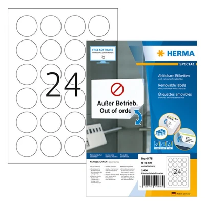 Image de Herma 4476 étiquettes amovibles rondes A4 Ø 40 mm (2400 étiquettes) blanc