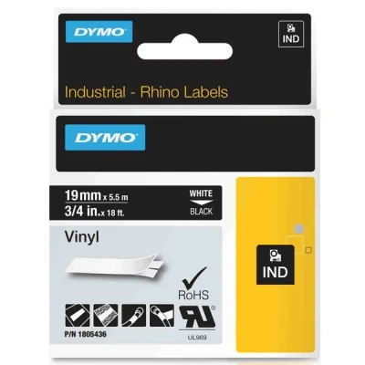Image de DYMO Rhino Etiquettes Industrielles Vinyle 19mm x 5.5m Blanc sur Noir