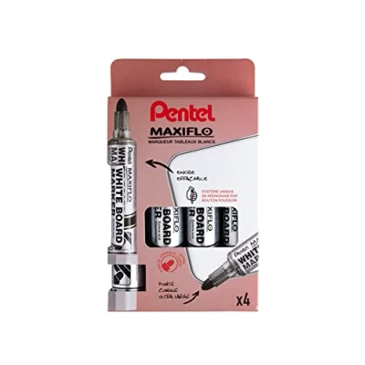 Afbeelding van Pentel Maxiflo MWL5W/4 whiteboard marker, extra brede conische punt, zwart, rood, blauw, groen, 4 stuks