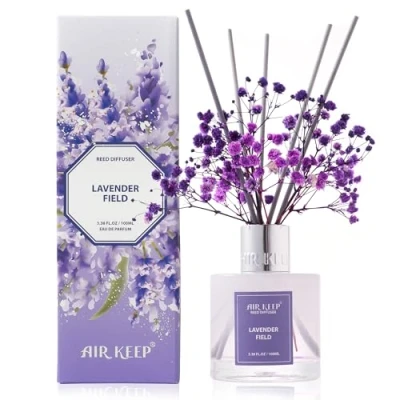 Afbeelding van Airkeep Lavender Field geurverspreider met 8 staafjes, voor badkamer, appartement, woondecoratie, 100 ml