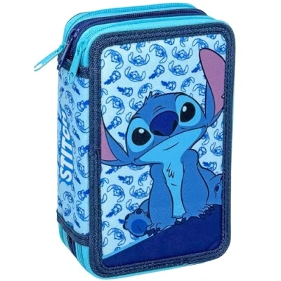 Afbeelding van Clondo Etui met 3 vakken, 3D kinderen, jongens en meisjes, drievoudige vulling, 44 accessoires voor school, jongens, ritssluitingen, 20 cm, viltstiften, potloden, schrijfwaren, Stitch V25