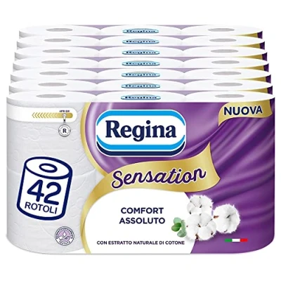 Afbeelding van Regina Sensation 42 rollen toiletpapier, 160 lagen pluizig met 3 sluiers, zacht en duurzaam, natuurlijk katoenextract, verpakking 60% gerecycled kunststof, FSC gecertificeerd