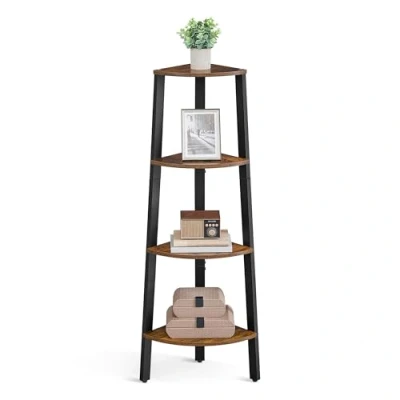 Afbeelding van VASAGLE hoekplank in industrieel ontwerp, staande planken, boekenplank, ladderrek, eenvoudige montage, stabiel metaal voor het frame, 4 niveaus thuis, woonkamer, slaapkamer, balkon, Donkerbruin LLS34X