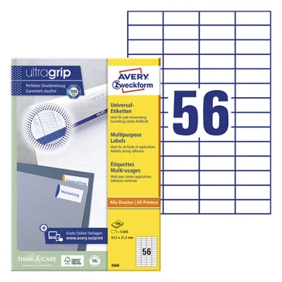 Image de Avery Zweckform 3668 étiquettes universelles A4 52,5 x 21,2 mm (5600 étiquettes) blanc
