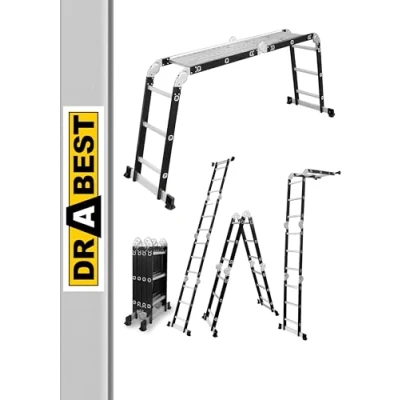 Afbeelding van DRABEST Multifunctionele ladder met scharnier, opvouwbaar, 4 x 3 treden + PODEST aluminium staal maximale belasting 125 kg 0,32 0,89 0,25 m