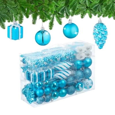Afbeelding van kerstballen set van 72 plastic onbreekbaar hartjes sokjes petrol