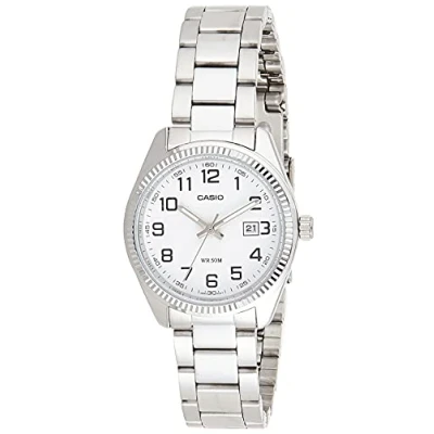 Afbeelding van Casio LTP 1302D 7B Classic dameshorloge kwarts analoog witte wijzerplaat grijze stalen armband, Wit/Grijs, Armband