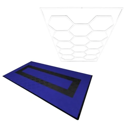 Afbeelding van Modulaire Geventileerde Vloer 90 Blauwe &amp; 30 Zwarte Tegels Met Randen Hexagon LED verlichting 14 Witte Lampen 6500K 3 Montageopties Inclusief Ophangset, Garagevloer 3,2m x 6m