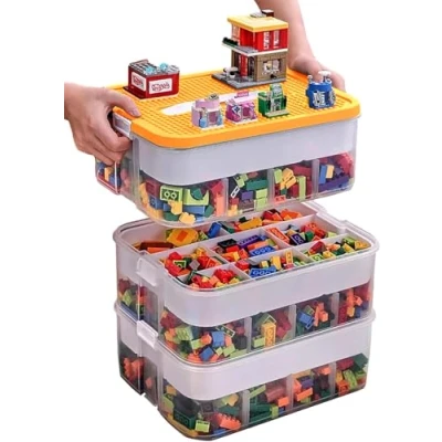 Afbeelding van WillingHeart opbergdoos van kunststof voor Lego bouwstenen, speelgoedkist kinderen, met deksel, grote koffer, transparant, 3 laags, stapelbaar, vak, slaapkamer, kluisje, waterdicht,