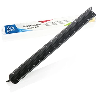 Afbeelding van Robin Goods® Driehoekige liniaal van aluminium, architectenliniaal voor bouwtekeningen, tekenliniaal architecten, tekenaars, ingenieurs, studenten, 32 cm (zwart grote schaal)