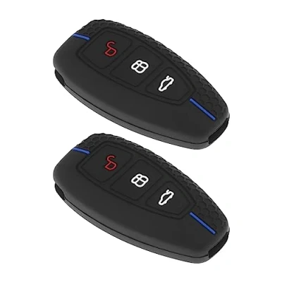 Afbeelding van Be In Your Mind Set van 2 siliconen autosleutelhoezen met 3 knoppen, compatibel Ford Focus MK2/MK3/MK4, zwart blauwe strepen
