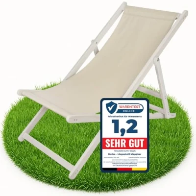 Afbeelding van Melko Inklapbare ligstoel van hout, wit/beige, tuinligstoel, inklapbaar
