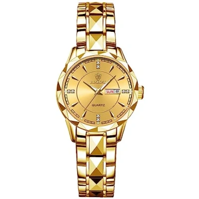 Afbeelding van JewelryWe Analoge kwartshorloges met kalender, waterdicht, 30 m, roestvrij stalen armband, voor dames en heren, strass wijzerplaat, Gouden dameshorloge, Armband